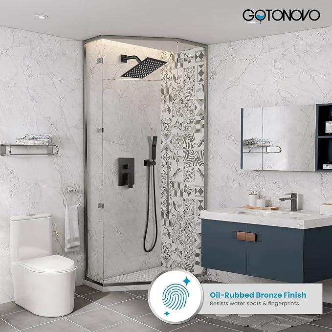 gotonovo Rainfall Bathroom Shower System Rain Shower Head and Handle Set Wall Mounted Shower Complete Combo Solid Brass Pressure Balancing Shower Mixer Valve 8 Inch Oil Rubbed Bronze - ModernBath