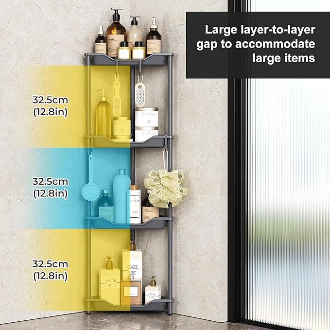 Orimade Rustproof 4 Tier Floor Standing Corner Shower Caddy Organizer, Plastic Metal Splicing Floor Corner Shelf Rack Storage Stands for Bathroom,10.8 x 10.8 x 44.6 inches, Grey - ModernBath