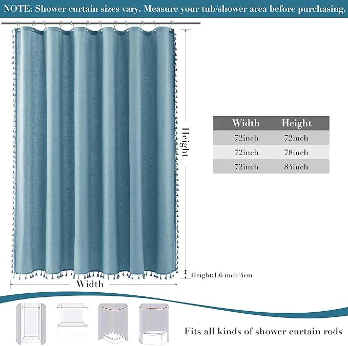 Nanspring Extra Long Blue Boho Linen Shower Curtain 84 Inch Weighted Tassel Cloth Textured Chic Bohemian Shower Curtain Set with Hooks Modern Vintage Country Aesthetic Decor for Bathroom 72x84 - ModernBath