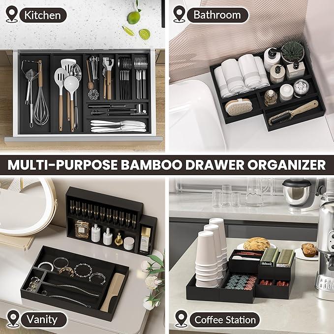 Kitchen Drawer Organizer Bins, Stackable Bamboo Drawer Organizer for Silverware, Flatware, Deep Office Desk Organizer Tray, Desktop Pen, Office Organization Black 9" x 6" x 2.5"(Set of 2) - ModernBath