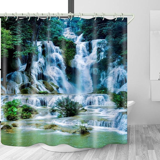 LYFANS Shower Curtains Waterproof Polyester Fabric,Large Width Bright Partition Curtain with Waterfall Pool Print,Shower Curtain Liner for Bathtub Bathroom with 12 White Hooks （72 x72 inches） - ModernBath