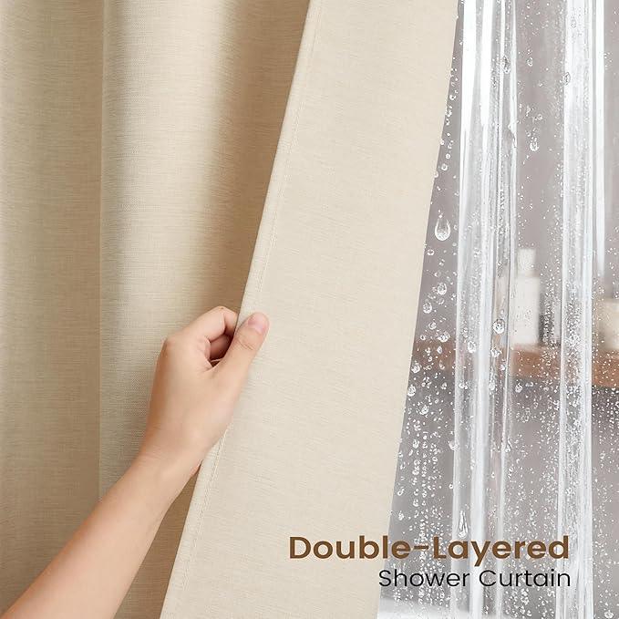 BTTN 3 in 1 Shower Curtain Set - 78 Inch Long Linen Textured Polyester Shower Curtain and Clear Liner Set with Plastic Hook, Long Modern Waterproof Shower Curtain for Bathroom, Cream/Beige, 72x78 - ModernBath