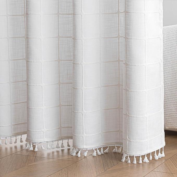 Farmhouse Shower Curtain with Snap-in Liner, No Hooks Needed ,Fabric Shower Curtains with Tassels for Rustic Bathroom Decor,with Window,with Magnets,Water Repellent&Machine Washable,White,71x80Inch - ModernBath