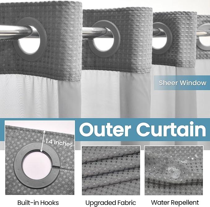 EUTXL Grey Stall Shower Curtain and Liner Set - 230GSM Waffle Weave Textured Heavy Duty,Hotel Luxury Weighted Bath Curtain,54W x 80H - ModernBath