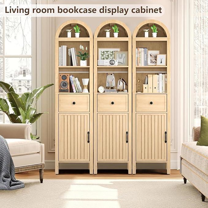 64" Tall Bathroom Storage Cabinet with Adjustable Shelves,Tall Narrow Arched Freestanding Tower Cabinet with Fluted Doors and Drawers,Space Saving Organizer for Bathroom Living Room (Oak) - ModernBath