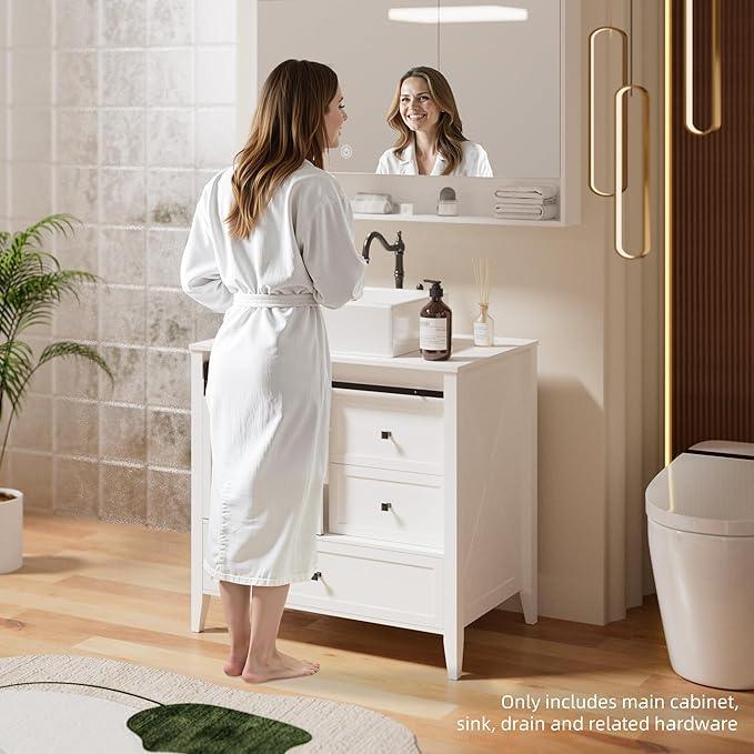 VNN Bathroom Vanity with Sink - 36 Inch Bathroom Vanity with Sink Ceramic, Freestanding Cabinet with Farmhouse Sliding Barn Door and 3 Drawers, Space-Saving Storage Cabinet, Wood Grain Texture, White - ModernBath
