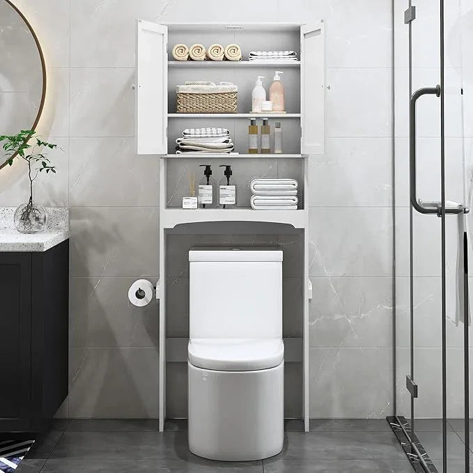 Over The Toilet Storage Cabinet with Gold Trim, Modern Bathroom Organizer Over Toilet with Adjustable Shelves and Toilet Paper Holder for Bathroom (White) - ModernBath