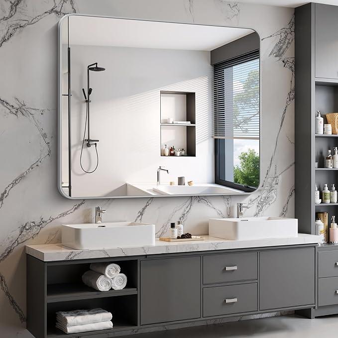 CIVENO 48x40 Inch Silver Bathroom Mirror, Large Rectangle Mirror, Metal Framed Rectangular Vanity Mirror, Rounded Corner Wall Mounted Mirror for Living Room Bedroom Entryway Horizontal or Vertical - ModernBath