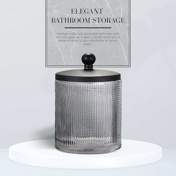 Indecor Home Gray Colored Tranlucent Apothecary Ribbed Geo Etched Glass Jar W/Matte Black Metal Lid Cover for Bathroom Organization, Cotton Balls, Q Tips, and Small Accessories, Bathroom Storage - ModernBath