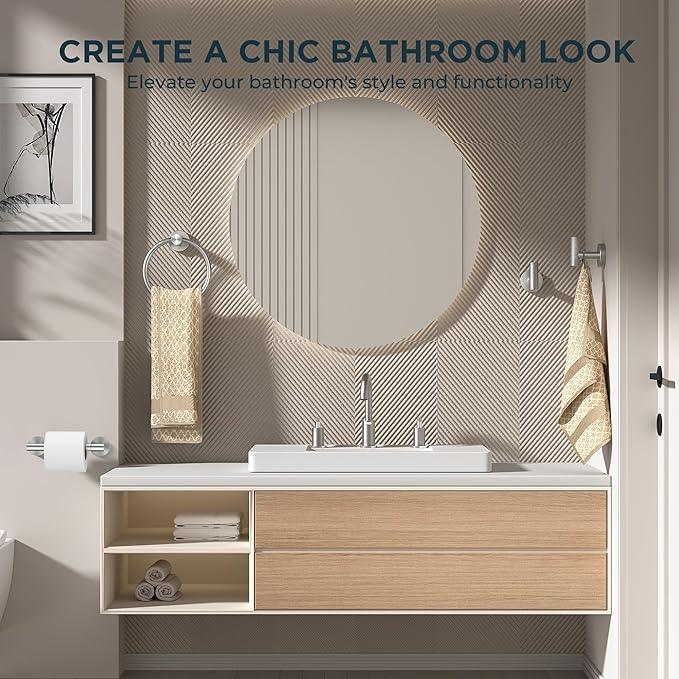 FORIOUS 4 Piece Bathroom Accessories, SUS304 Stainless Steel Double Post Pivoting Toilet Paper Holder, Towel Ring and 2 Towel Hooks, Wall Mounted Bathroom Hardware Set (Brushed Nickel) - ModernBath