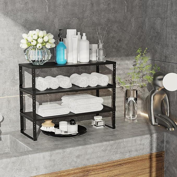 Expandable Cabinet Shelf Organizer Storage Spice Rack Shelves for Kitchen Stackable Adjustable Pantry Cupboard Bathroom Countertop Desktop(2Packs/Black/Large-with Hole) - ModernBath