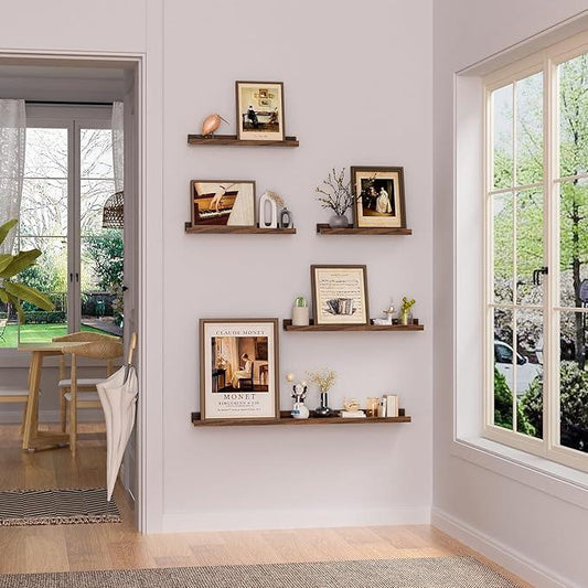 Heimlove Floating Shelves Set of 6, 16" Wall Mounted Picture Ledge, Display Shelf Organizer for Decor Storage, Wall Mounted Shelves for Living Room, Bedroom, Bathroom, Kitchen (Walnut) - ModernBath