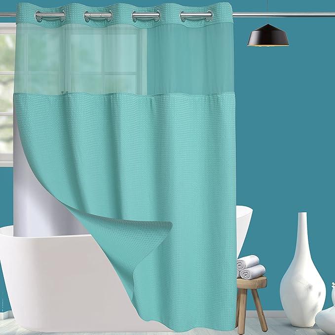 Conbo Mio No Hook Green Waffle Weave Shower Curtain with Snap in Liner Set, Hotel Luxury Shower Curtains for Bathroom with See Through Top Window, Waterproof, Washable 71W x 74H - ModernBath