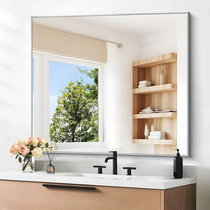 DESBING 36" x 40"Bathroom Mirror, Silver Rectangle Corner Wall Mirror with Metal Frame, Decorative Rectangular Vanity Mirror for Bedroom Bathroom Living Room Entryway (Horizontal/Vertical) - ModernBath