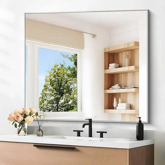 DESBING 36" x 40"Bathroom Mirror, Silver Rectangle Corner Wall Mirror with Metal Frame, Decorative Rectangular Vanity Mirror for Bedroom Bathroom Living Room Entryway (Horizontal/Vertical) - ModernBath