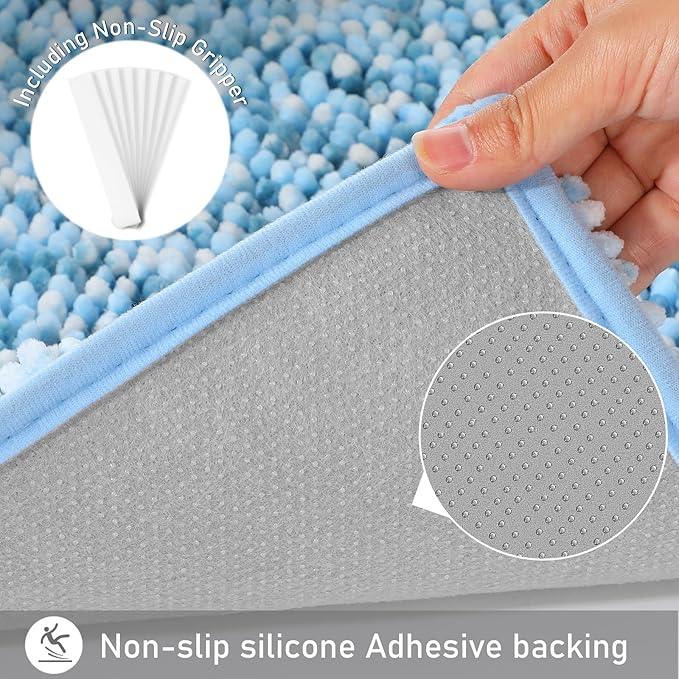 Yimobra Luxury Bathroom Rugs, 47x24, Extra Soft Chenille Mats for Bathroom Non Slip, Fluffy Long Matts for Tub, Plush Shaggy Carpet Runner, Water Absorbent, Machine Washable, Blue & Light Blue - ModernBath