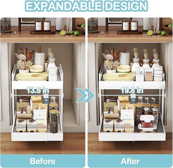 Golener 2-Tier Expandable Pull Out Cabinet Organizer - Slide Out Drawers for Kitchen Cabinets, Bathroom Organizers and Storage, Under Sink Organizer for Kitchen Storage Organization, White Metal Frame - ModernBath