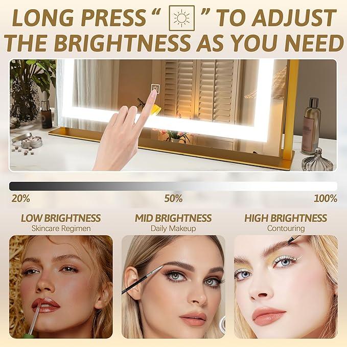 ROLOVE Vanity Mirror with Lights 22"x18", Lighted Makeup Mirror with 10X Magnification, Smart Touch 3 Colors Dimmable, 360° Rotation, Women Gift, Dresser Mount, Bathroom (Gold) - ModernBath