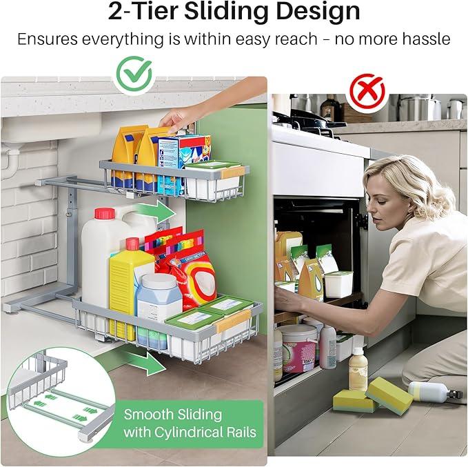 Pull out Cabinet Organizer, 1 Pack Under Sink Organizer, Slide out Metal Kitchen Cabinet Organizers Drawer Shelf, Sliding Storage Shelves for Kitchen Bathroom Pantry Closet Organization Rack(Grey) - ModernBath