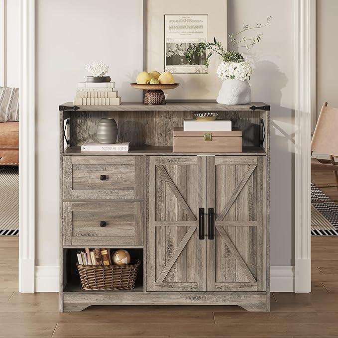 Fameill Farmhouse Storage Cabinet with Drawers and Open Storage,Freestanding Kitchen Pantry with 2 Barn Doors, Floor Cabinet with Adjustable Shelf for Living Room,Grey - ModernBath