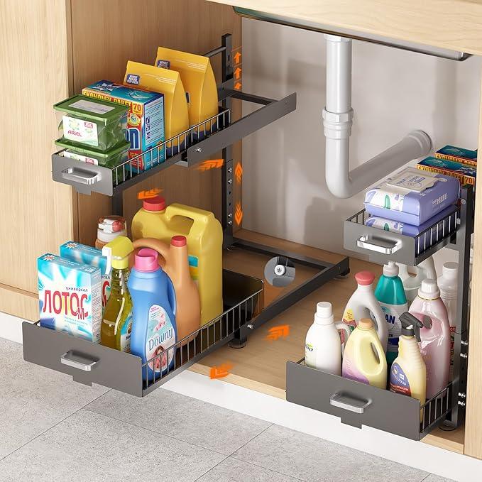 Under Sink Organizer,2 Tier Slide Out Kitchen Cabinet Organizers with Pulley,Under Bathroom Sink Pull Out Organizer with Multiple Height Adjustments for Kitchen and Bathroom Cabinets-Gray - ModernBath
