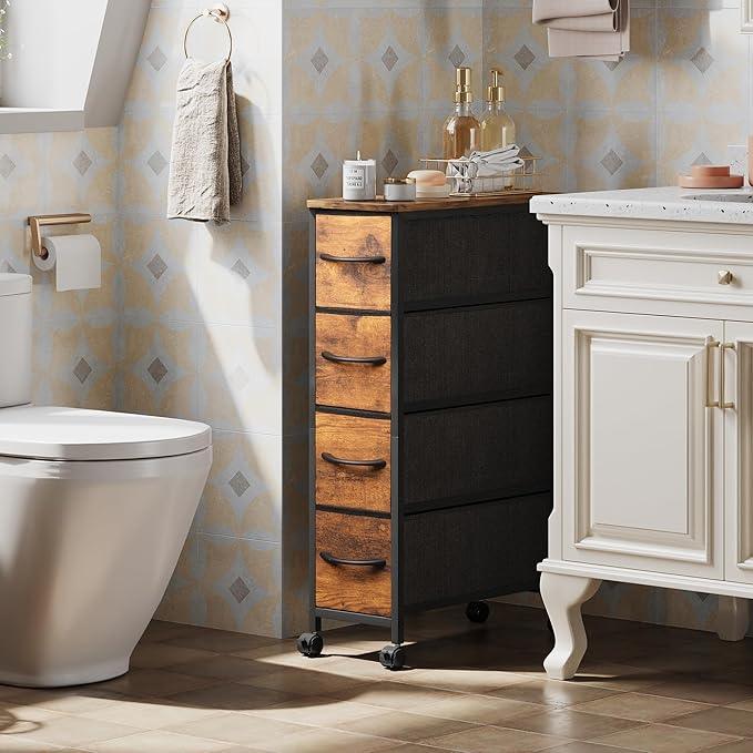 Narrow Dresser Storage Tower with 4 Drawers, Slim Dresser Chest of Drawers with Steel Frame, Wood Top, Dresser for Bedroom, Bathroom, Small Spaces, Laundry, Closet (Rustic Brown) - ModernBath