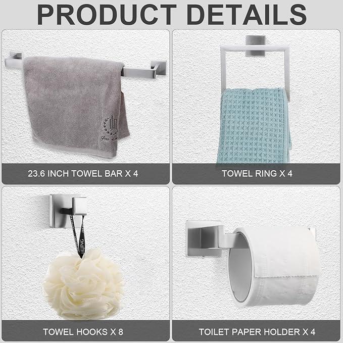 Gisafai 20 Pcs Silver Bathroom Hardware Accessories Set 23.6 Inch Bath Towel Bar Kit Stainless Steel Bathroom Hardware Set Towel Racks Ring Robe Hooks Paper Holder for Wall Mounted - ModernBath