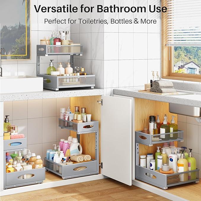 Under Sink Organizer, 2 Pack 2 Tier Pull Out Under Cabinet Organizer Shelf with Pad for Framed Cabinets, Metal Slide Out Under Sink Storage, Mesh Sliding Drawers for Kitchen Bathroom Laundry, Grey - ModernBath