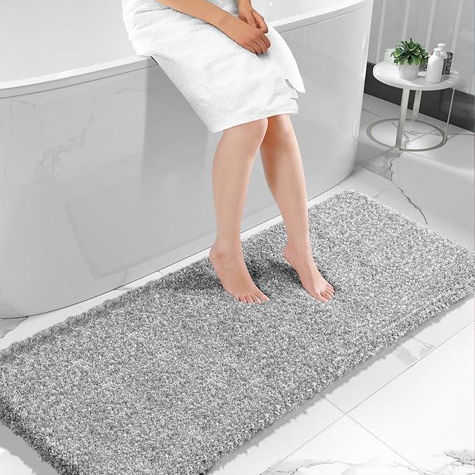 Yimobra Bathroom Runner Rug Non Slip 70"x 24", Super Absorbent Bath Rugs, Quick Dry, Luxury Extra Long Shaggy Fluffy Bath Mat for Double Vanity & Tub Side, Machine Washable, Light Gray and White - ModernBath