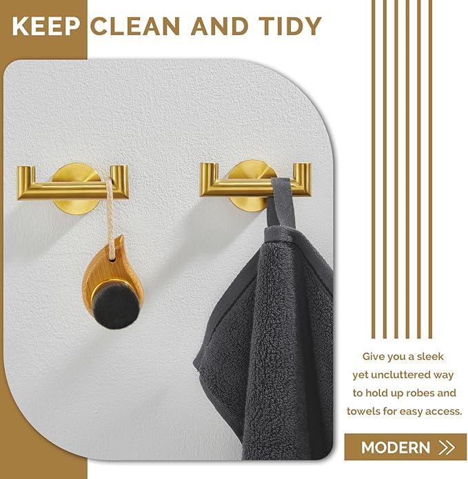 Angle Simple Towel Double Hook Brassy Gold 2 PCS, SUS304 Stainless Steel Bathroom Hand Towel Holder, Double Robe Hook, Wall Mount - ModernBath