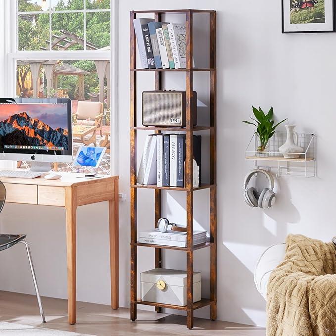 66in Tall Bookshelf 6-Tier Small Narrow Bookcase, Skinny Book Shelf for Small Space, Farmhouse Slim Shelf with Storage, Wood Freestanding Display Thin Bookshelves for Living Room, Office, Brown - ModernBath