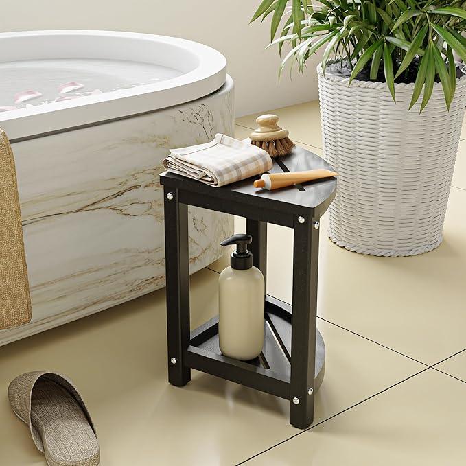 ONSGLM Shower Stool - Corner Bench Seat with HDPE Waterproof Shaving Legs, Baffle Storage Shelf, Indoor/Outdoor Use, Black - ModernBath