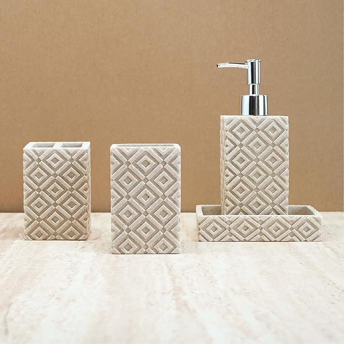 SEICASAYA 4-Piece Bathroom Accessory Set – Modern Resin & Sandstone Vanity Organizer, Vintage Texture Lotion Dispenser, Toothbrush Holder, Tumbler, Soap Dish (Beige) - ModernBath