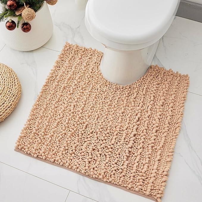 Ruggnovea Toilet Rugs U-Shaped Mat 24x24, Contour Bathroom Mat - Ultra Soft & Absorbent Chenille, Quick-Dry, Machine Washable with Non Slip Barrier Backing, Beige - ModernBath