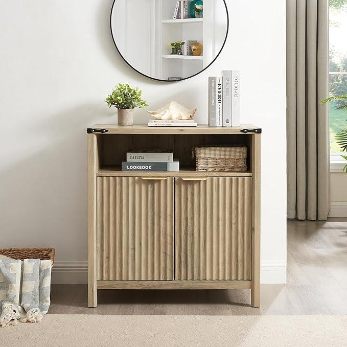 Buffet Cabinet with Storage - Modern Farmhouse Rustic 32 Fluted Sideboard Storage Cabinet Buffet with Adjustable Shelves, Coffee Wine Bar Organizer for Dining Room (Sunwashed Ash Oak) - ModernBath