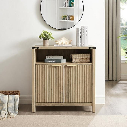 Buffet Cabinet with Storage - Modern Farmhouse Rustic 32 Fluted Sideboard Storage Cabinet Buffet with Adjustable Shelves, Coffee Wine Bar Organizer for Dining Room (Sunwashed Ash Oak) - ModernBath