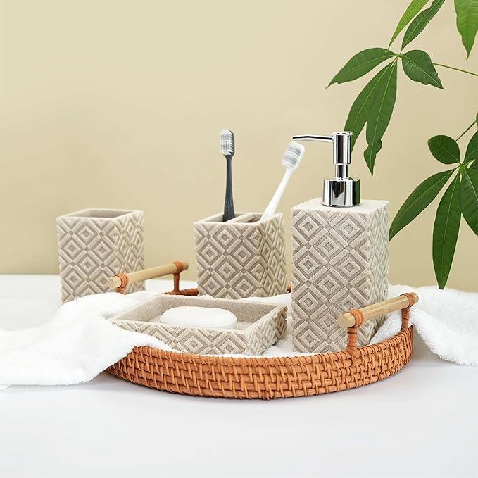 SEICASAYA 4-Piece Bathroom Accessory Set – Modern Resin & Sandstone Vanity Organizer, Vintage Texture Lotion Dispenser, Toothbrush Holder, Tumbler, Soap Dish (Beige) - ModernBath