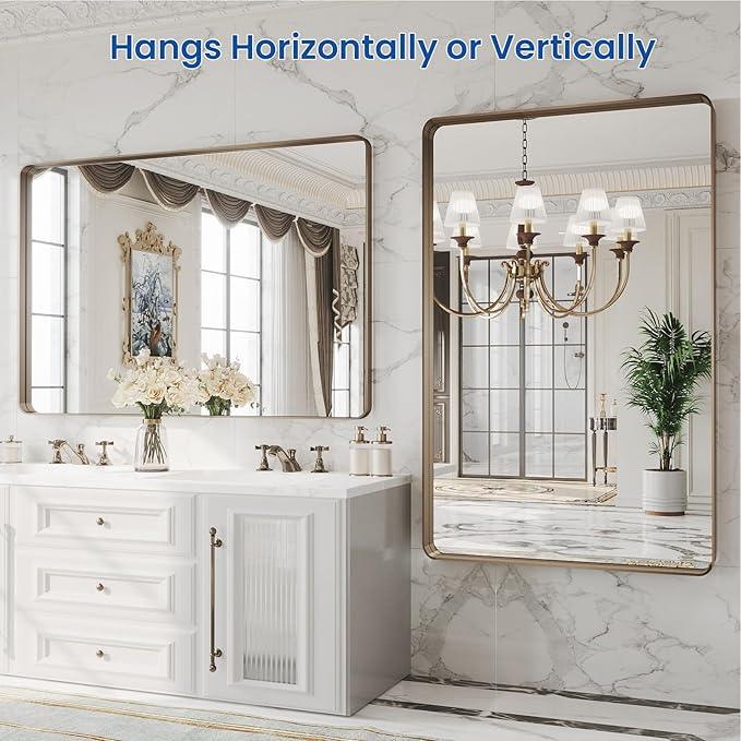 WEER 48x32 Inch Bronze Bathroom Mirror for Vanity, Brushed Bronze Metal Frame Mirror for Wall, Rounded Rectangle Bronze Frame Mirror with Tempered Glass, Anti-Rust (Horizontal/Vertical) - ModernBath