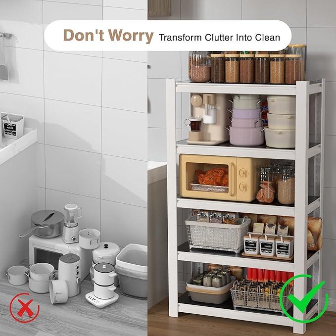 WORKPRO House 5-Tier Shelving Unit, 3000lbs Adjustable Storage Shelves, Boltless Book Shelf, Shelf Organizer for Kitchen, Living Room, Bathroom, Wood Grain Pattern, Waterproof Board, 24-1/10"W, White - ModernBath