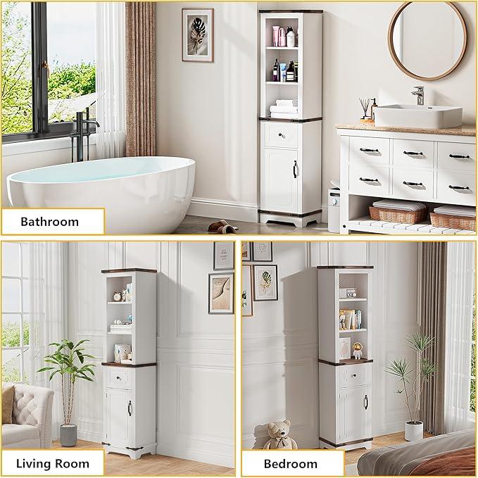 63 Inch Tall Corner Cabinet, Modern Corner Storage Cabinet with Door & Adjustable Shelves & Drawers, Anti-Tipping Free Standing Linen Tower for Bedroom, Bathroom, Kitchen, Pantry (White) - ModernBath