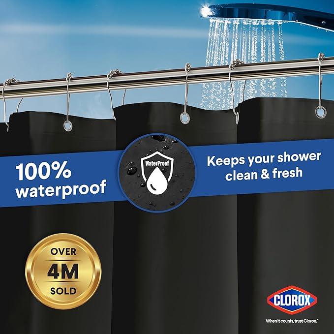 CLOROX Shower Curtain Liner, Premium Medium Weight Flexible Waterproof 6g PEVA for Bathroom with Weighted Magnets, Standard Size 72" x 72", Black 1 Pack - ModernBath
