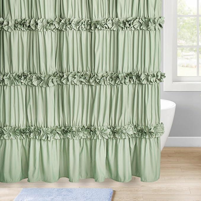 Homechoice Decor Sage Ruffle Shower Curtain, Vintage Handcrafted Bow Tie Bath Curtain for Master Bathroom, Ruched Microfiber Bathroom Curtain with 12 Buttonholes, 72" W x 72" H (LQ-10) - ModernBath