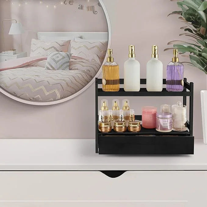 Sorbus Bamboo Bathroom Counter Organizer – 2-Tier Shelf with Hidden Drawer for Vanity, Matcha Station, Bathroom Sink Organizer Countertop, Kitchen & Office Storage (17″ L x 6.5″ W x 12.6″ H) (Black) - ModernBath