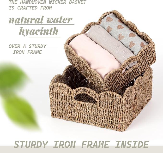 Scalloped Baskets (Natural-Set of 2) Seagrass Basket For Decor, Basket Living Room Organizer, Bathroom, Bedroom, Laundry,... Seagrass Storage Baskets with Built-in Handles. - ModernBath