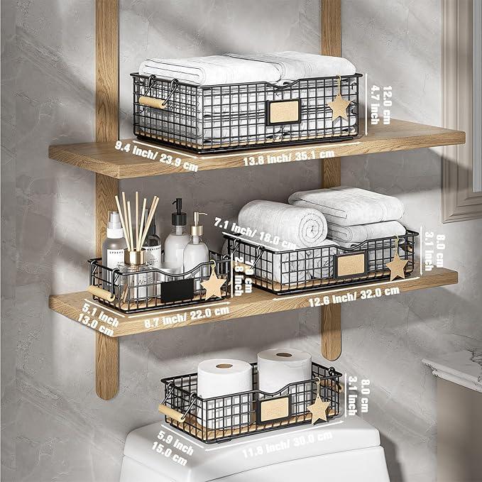 Bathroom Tray and Organizer Basket, 4 Pack Storage Baskets with Wooden Handles, Multipurpose for Bathroom, Coffee Bar, Kitchen cabinet, Living Room - Black - ModernBath