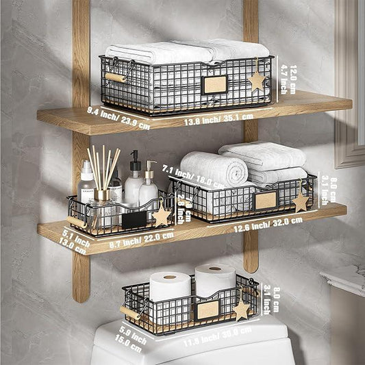 Bathroom Tray and Organizer Basket, 4 Pack Storage Baskets with Wooden Handles, Multipurpose for Bathroom, Coffee Bar, Kitchen cabinet, Living Room - Black - ModernBath