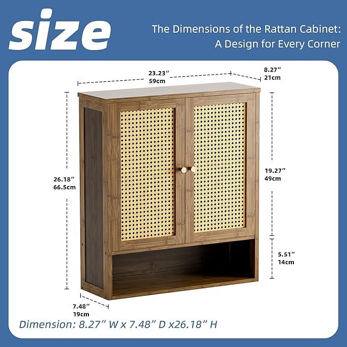 HITNET Bamboo Medicine Cabinet, Wall Mounted Bathroom Cabinet with Adjustable Shelf, Double Rattan Door Hanging Storage Organizer Over Toilet for Entryway, Laundry Room (Walnut) - ModernBath