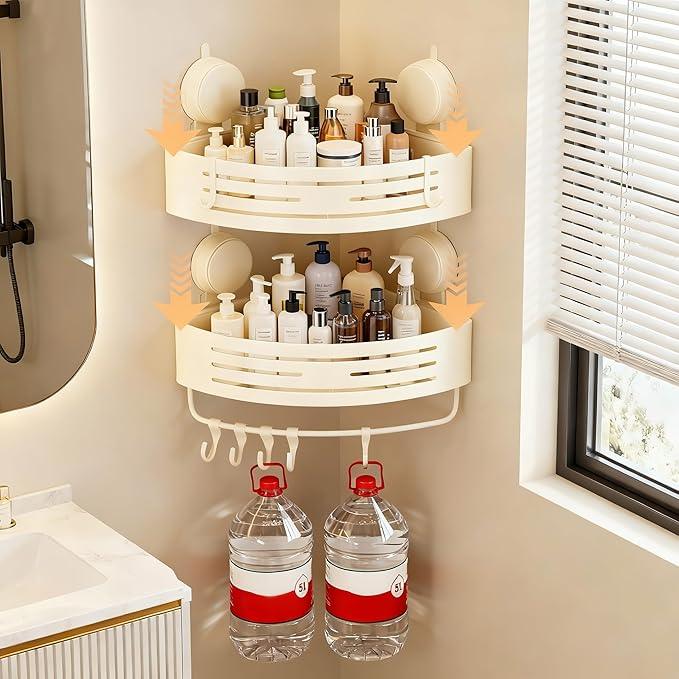 Structoline Corner Suction Cup Shower Caddy(2-Pack Cream White),No-Drilling Aluminum Shower Shelf with Towel Bar & Hooks,Removable Bathroom and Kitchen Storage Organizer - ModernBath