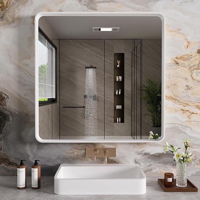 JISOSO White Bathroom Mirror 36x36 Inch, White Metal Framed Bathroom Mirror for Wall, Rounded Rectangle Matte Bathroom Vanity Mirror, Tempered Glass, Anti-Rust, Horizontal/Vertical - ModernBath