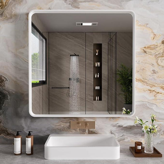 JISOSO White Bathroom Mirror 36x36 Inch, White Metal Framed Bathroom Mirror for Wall, Rounded Rectangle Matte Bathroom Vanity Mirror, Tempered Glass, Anti-Rust, Horizontal/Vertical - ModernBath